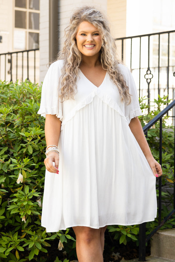 Chic Soul plus size clothing, ivory babydoll style dress with flutter sleeves and ruffle detailing