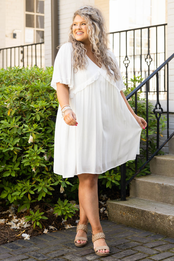 Chic Soul plus size clothing, ivory babydoll style dress with flutter sleeves and ruffle detailing