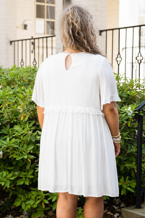 Chic Soul plus size clothing, ivory babydoll style dress with flutter sleeves and ruffle detailing