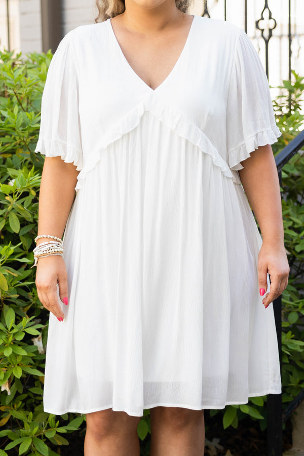 Chic Soul plus size clothing, ivory babydoll style dress with flutter sleeves and ruffle detailing