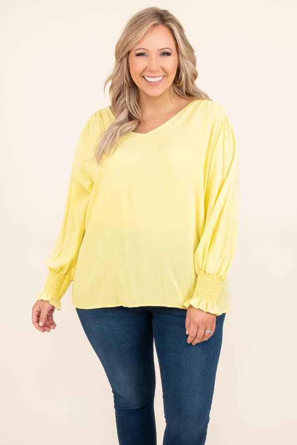 Chic Soul plus size clothing, solid yellow long bubble sleeve casual top