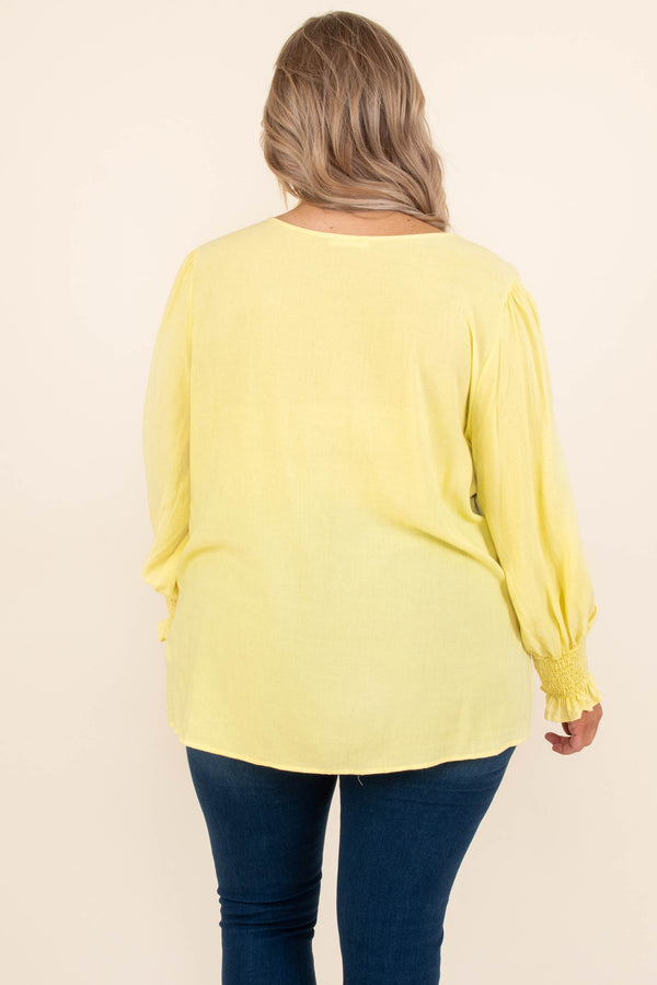 Chic Soul plus size clothing, solid yellow long bubble sleeve casual top