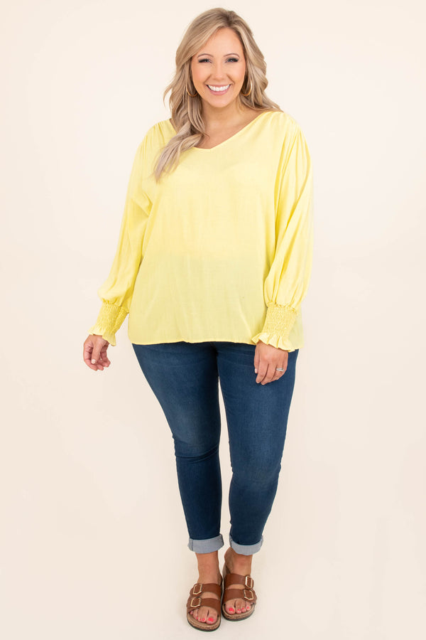 Chic Soul plus size clothing, solid yellow long bubble sleeve casual top