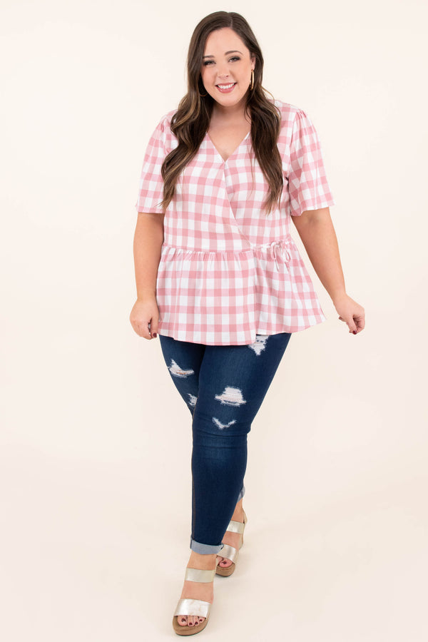 Chic Soul plus size clothing, half sleeve v neck with a pink and white plaid design and a tie at the waist