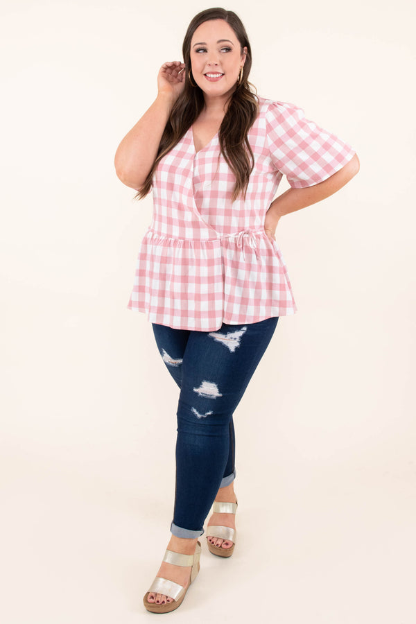 Chic Soul plus size clothing, half sleeve v neck with a pink and white plaid design and a tie at the waist