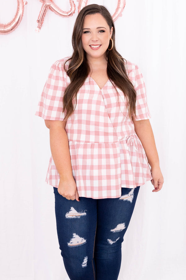Chic Soul plus size clothing, half sleeve v neck with a pink and white plaid design and a tie at the waist