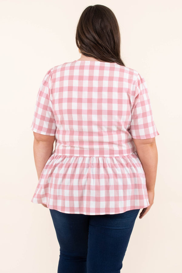 Chic Soul plus size clothing, half sleeve v neck with a pink and white plaid design and a tie at the waist