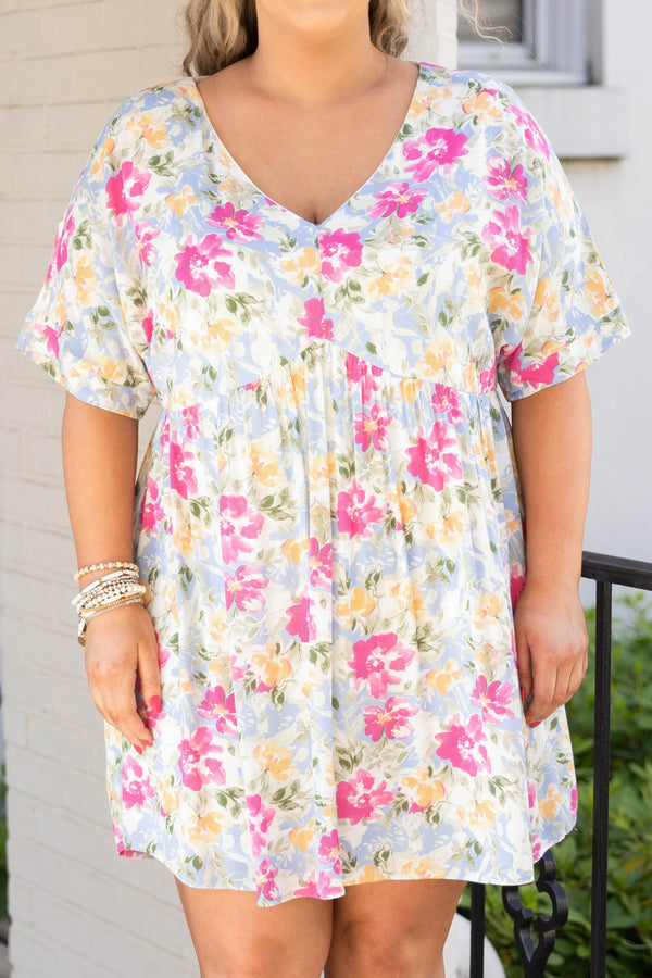 Chic Soul plus size clothing, baby blue dress with multicolor floral pattern