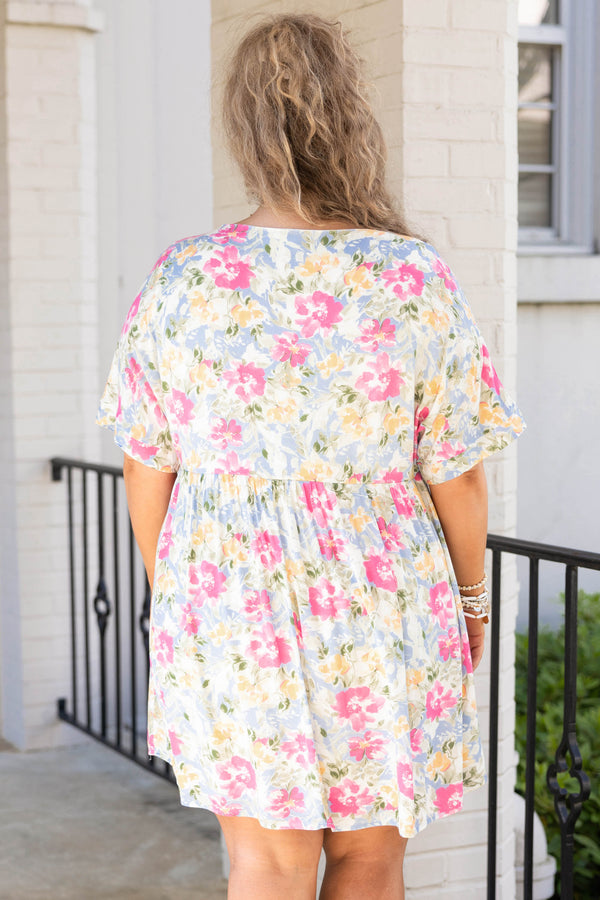 Chic Soul plus size clothing, baby blue dress with multicolor floral pattern