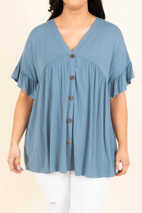 Chic Soul plus size clothing, blue flowy top with buttons and ruffle sleeves