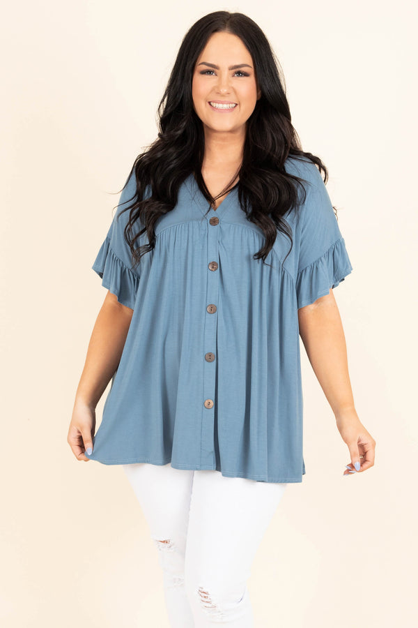 Chic Soul plus size clothing, blue flowy top with buttons and ruffle sleeves