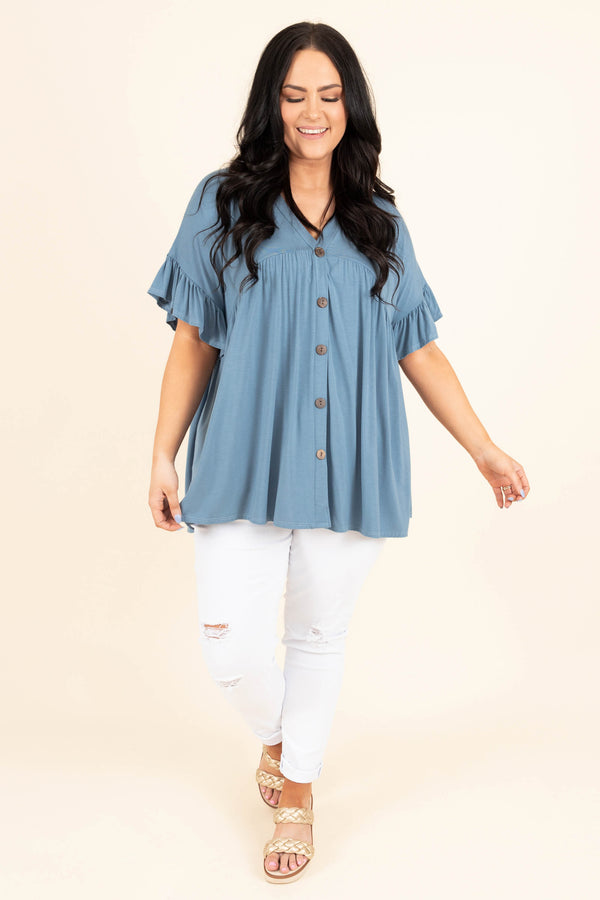 Chic Soul plus size clothing, blue flowy top with buttons and ruffle sleeves