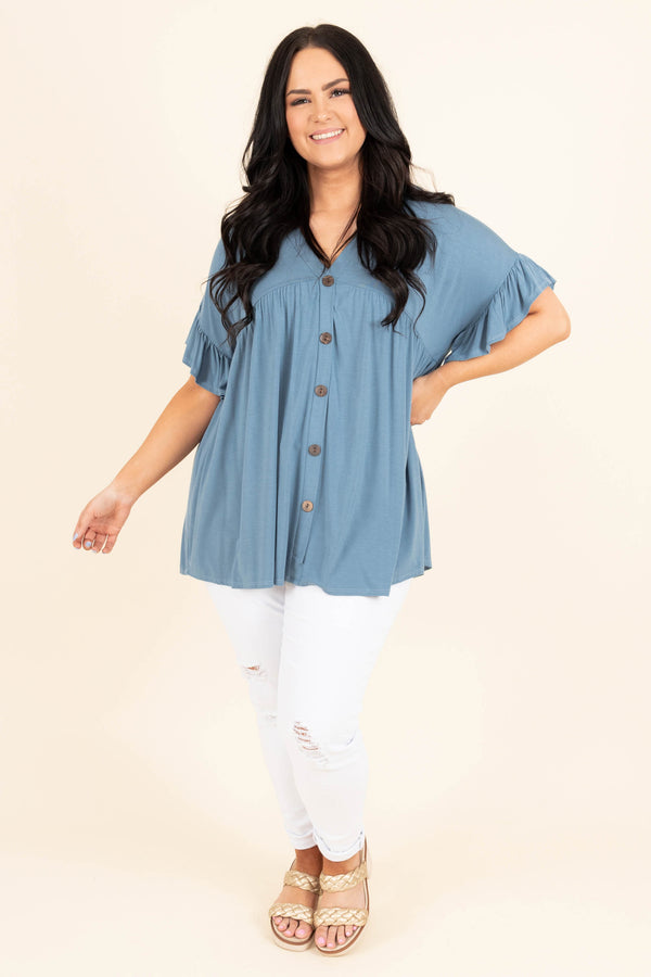 Chic Soul plus size clothing, blue flowy top with buttons and ruffle sleeves