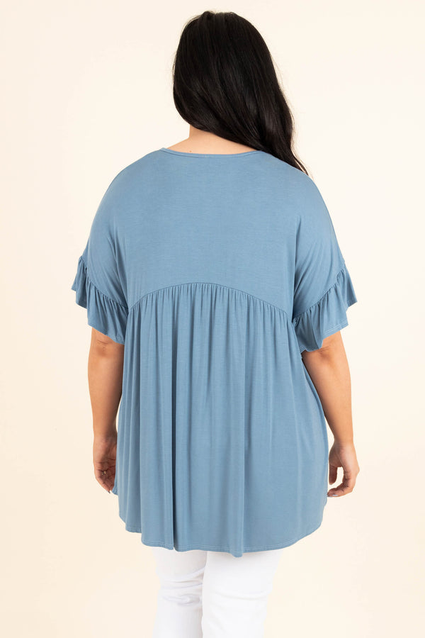 Chic Soul plus size clothing, blue flowy top with buttons and ruffle sleeves