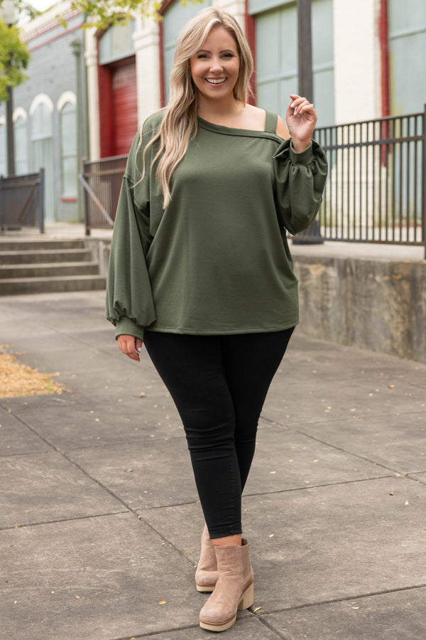 Chic Soul plus size clothing, olive off the shoulder sweatshirt top