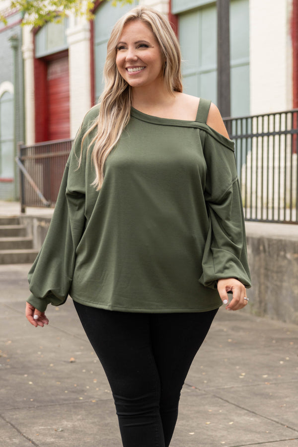 Chic Soul plus size clothing, olive off the shoulder sweatshirt top