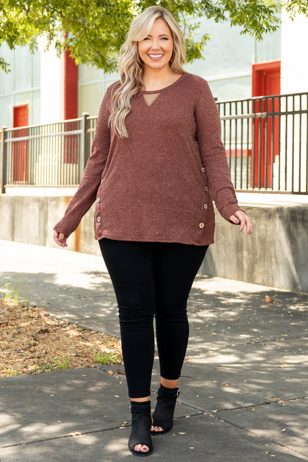 Chic Soul plus size clothing, red brown long sleeve shirt with button details