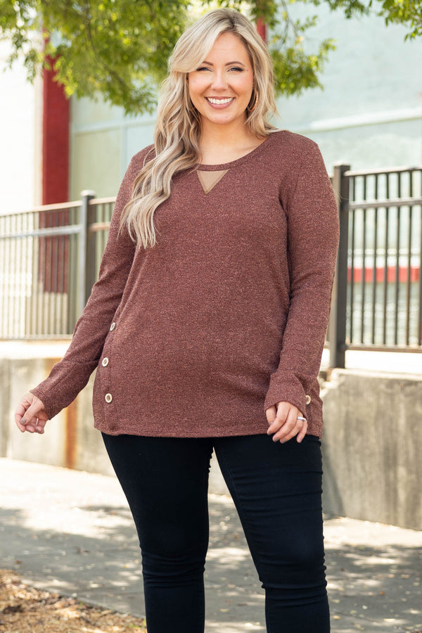 Chic Soul plus size clothing, red brown long sleeve shirt with button details