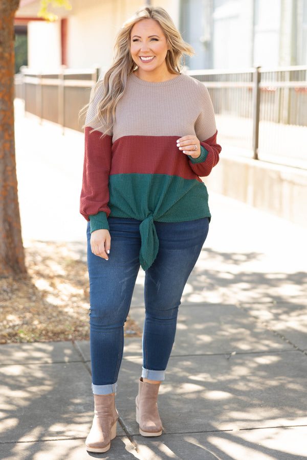 Chic Soul plus size clothing, tan, ed, and green striped colorblock tie sweater top