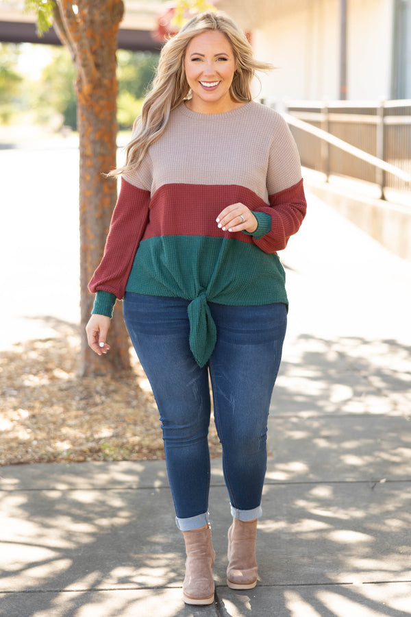 Chic Soul plus size clothing, tan, ed, and green striped colorblock tie sweater top