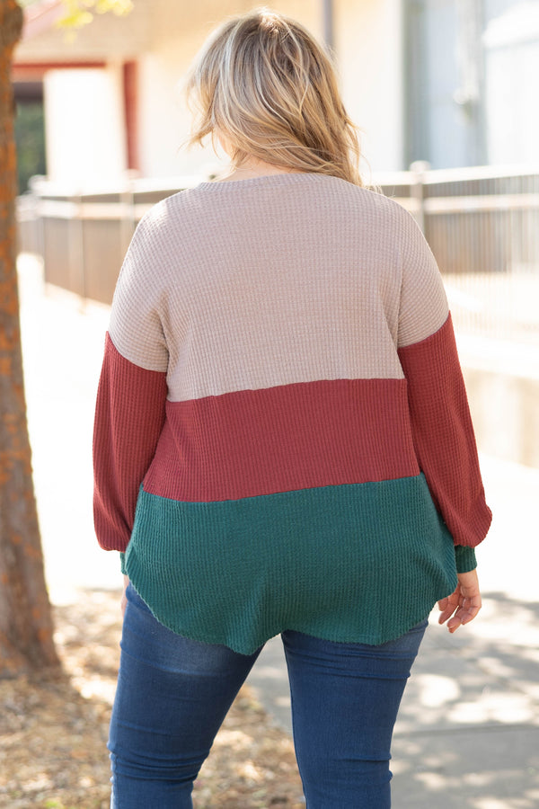 Chic Soul plus size clothing, tan, ed, and green striped colorblock tie sweater top
