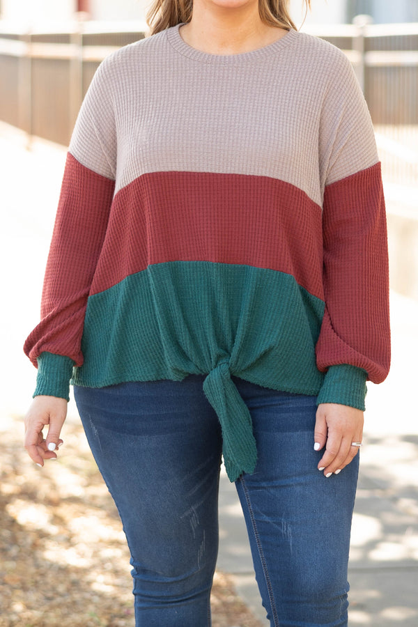 Chic Soul plus size clothing, tan, ed, and green striped colorblock tie sweater top