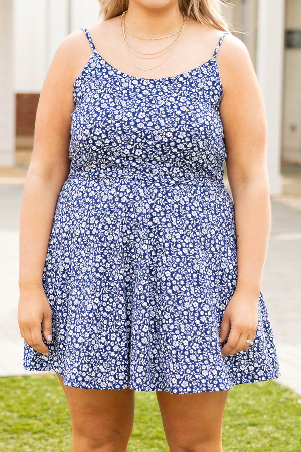 Chic Soul plus size clothing, navy white dainty floral spaghetti strap casual dress