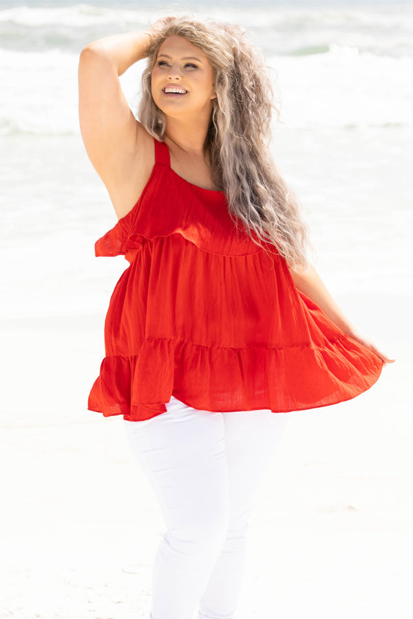 Chic Soul plus size clothing, red flowy tank top with ruffle detailing 