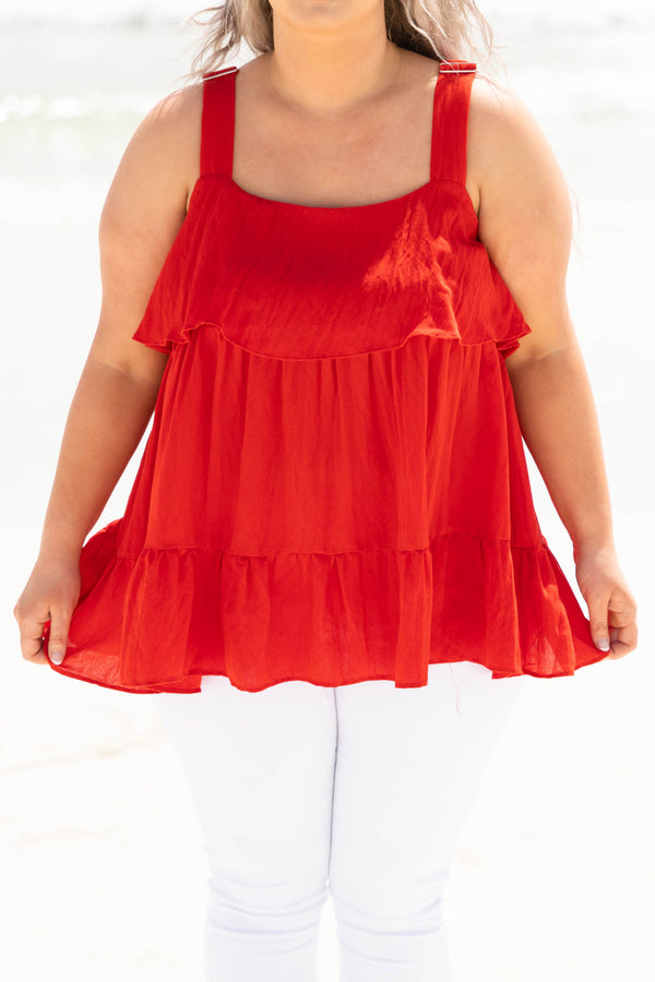 Chic Soul plus size clothing, red flowy tank top with ruffle detailing