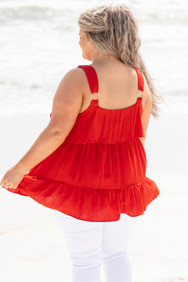 Chic Soul plus size clothing, red flowy tank top with ruffle detailing