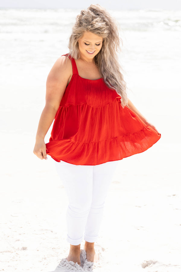 Chic Soul plus size clothing, red flowy tank top with ruffle detailing
