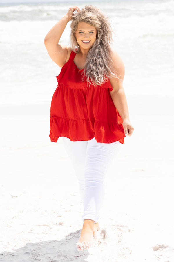 Chic Soul plus size clothing, red flowy tank top with ruffle detailing