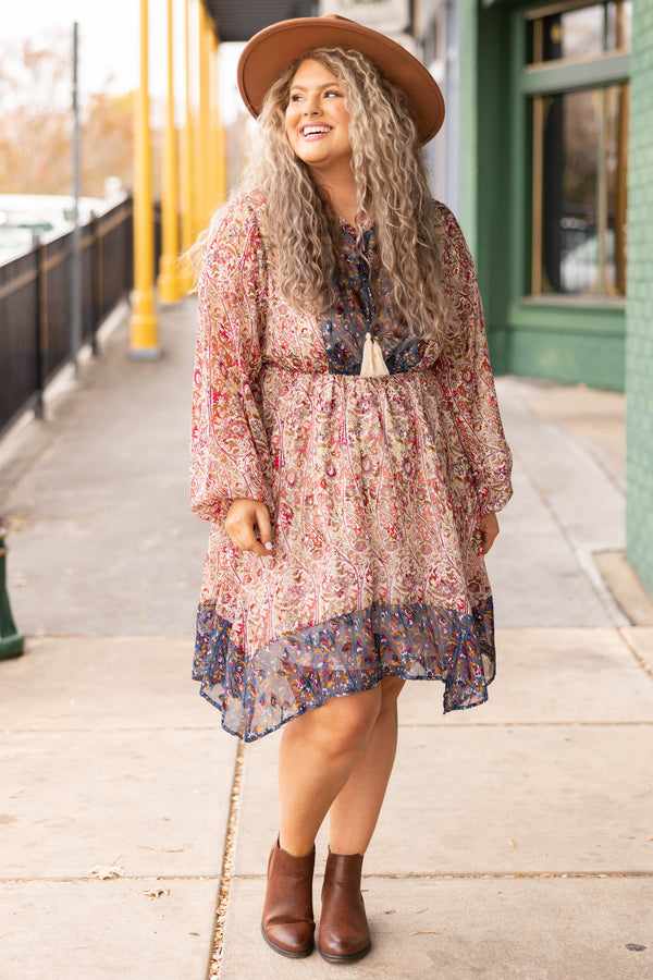 Chic Soul plus size clothing, multi floral long bubble sleeve babydoll dress