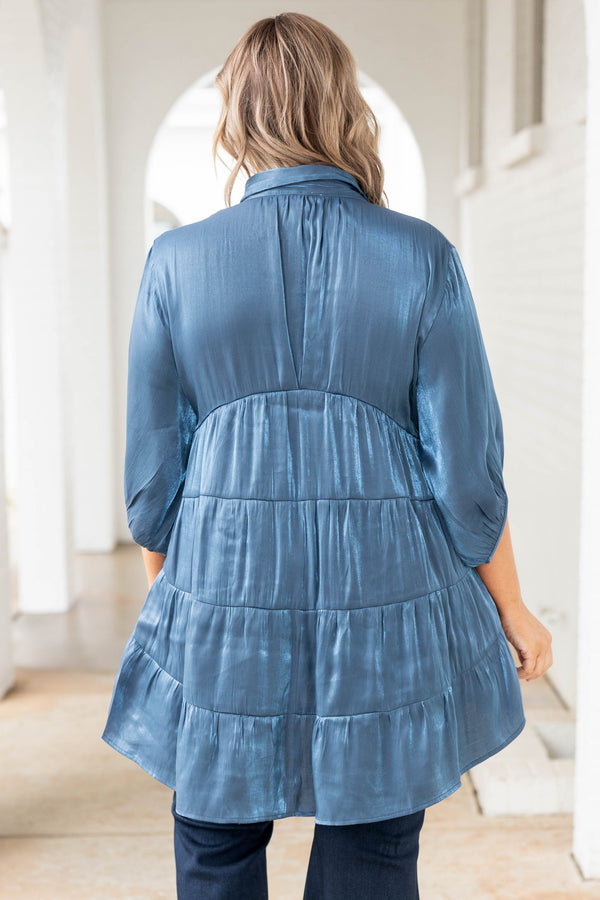 Chic Soul plus size clothing, blue metallic button down baby doll top