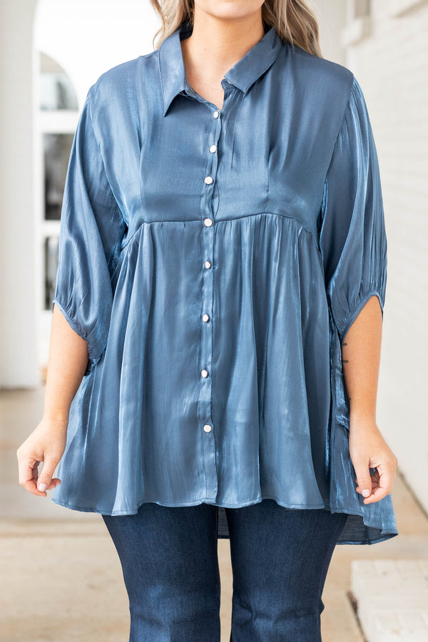 Chic Soul plus size clothing, blue metallic button down baby doll top