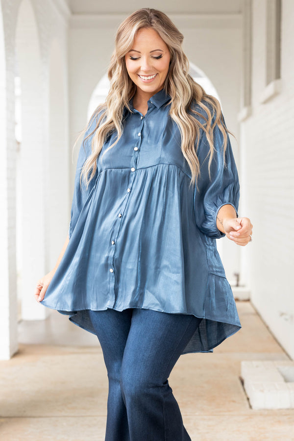 Chic Soul plus size clothing, blue metallic button down baby doll top