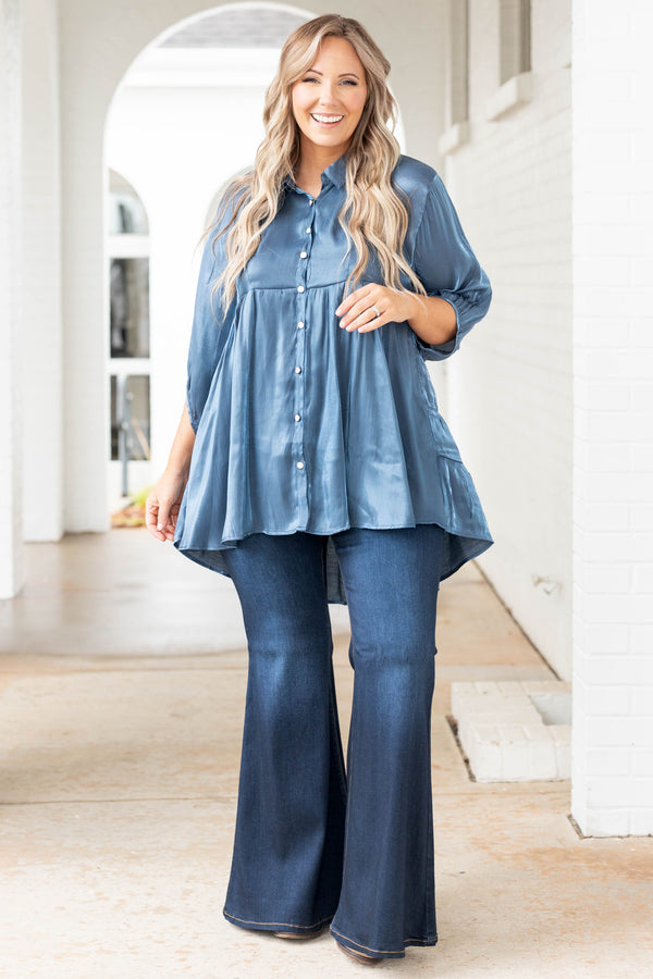 Chic Soul plus size clothing, blue metallic button down baby doll top