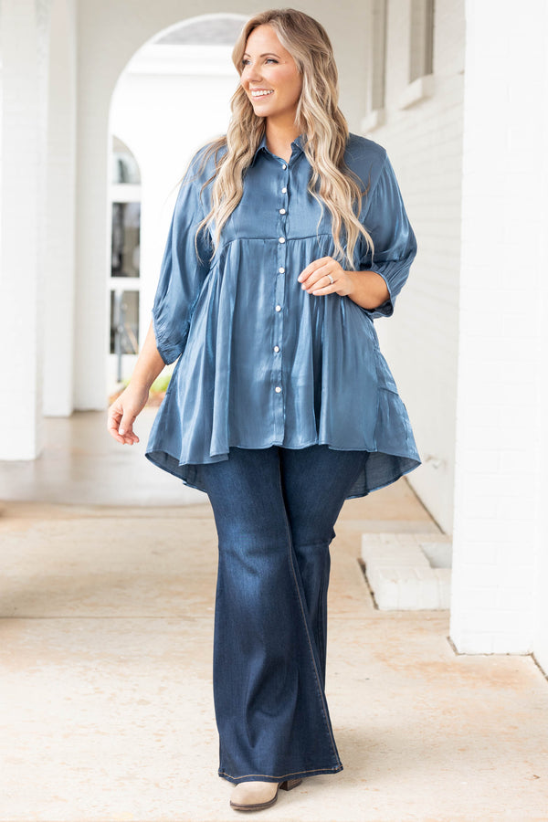 Chic Soul plus size clothing, blue metallic button down baby doll top
