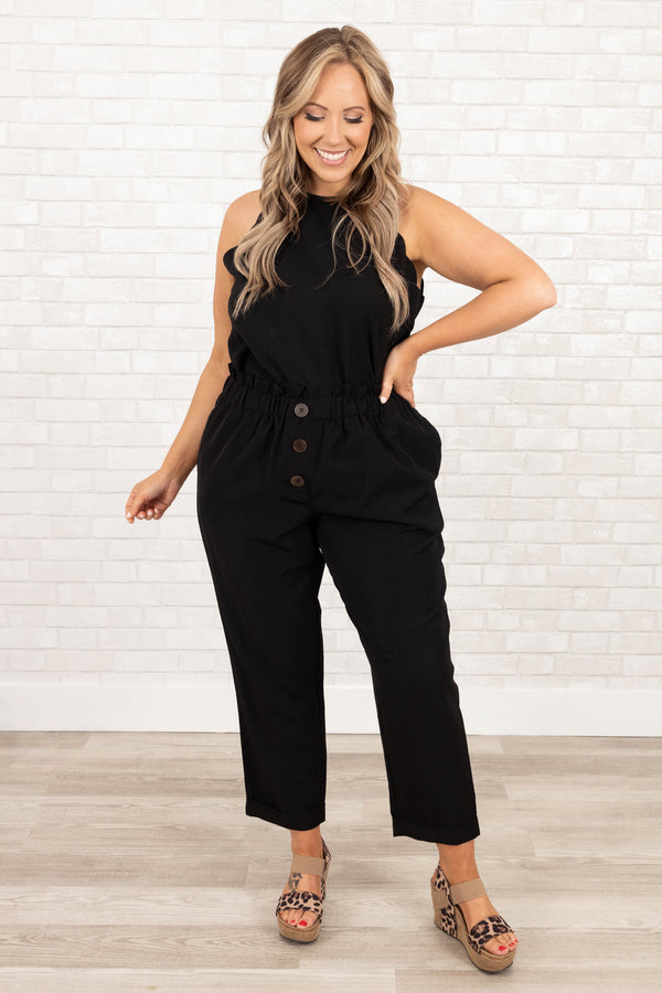 Chic Soul plus size clothing, black halter tank with scalloped hemline and around the sleeves