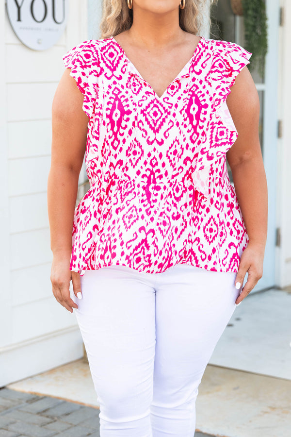 Chic Soul plus size clothing, white top with hot pink pattern and flutter sleeves