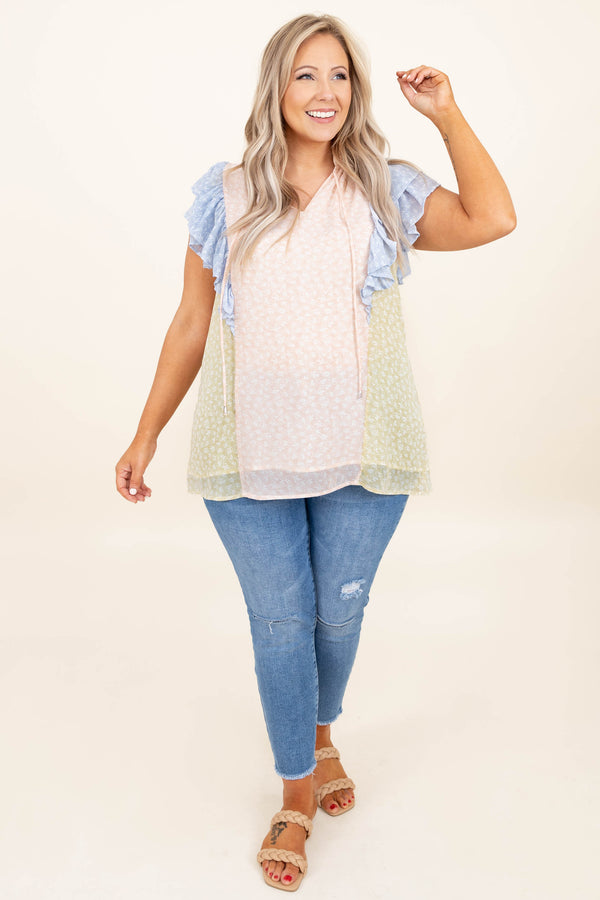 Chic Soul plus size clothing, peach blue ruffle sleeve top v neck 