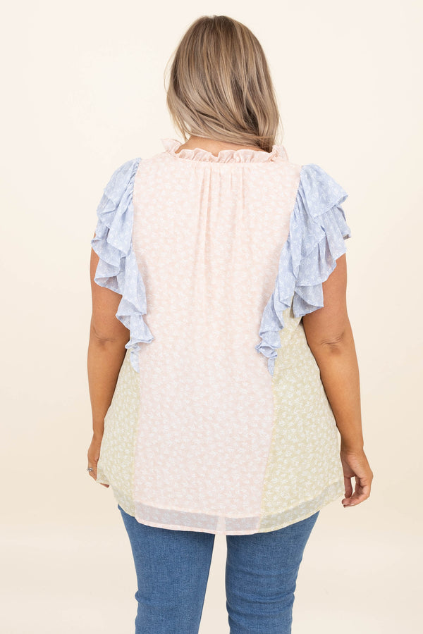 Chic Soul plus size clothing, peach blue ruffle sleeve top v neck 