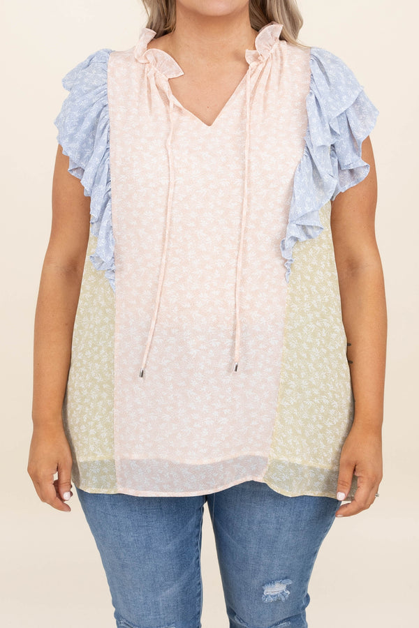 Chic Soul plus size clothing, peach blue ruffle sleeve top v neck 