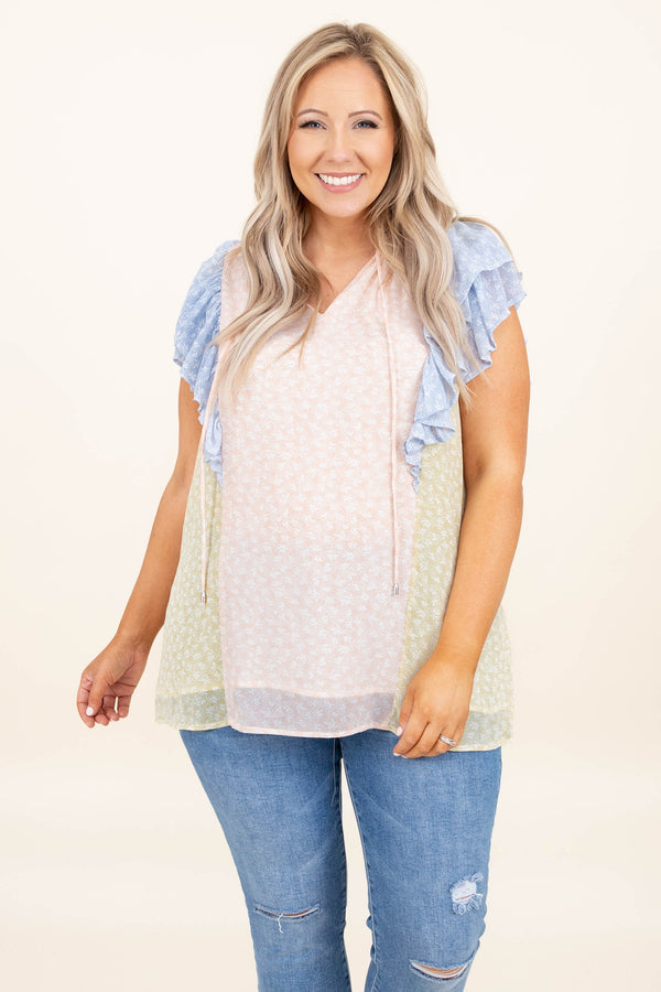 Chic Soul plus size clothing, peach blue ruffle sleeve top v neck 