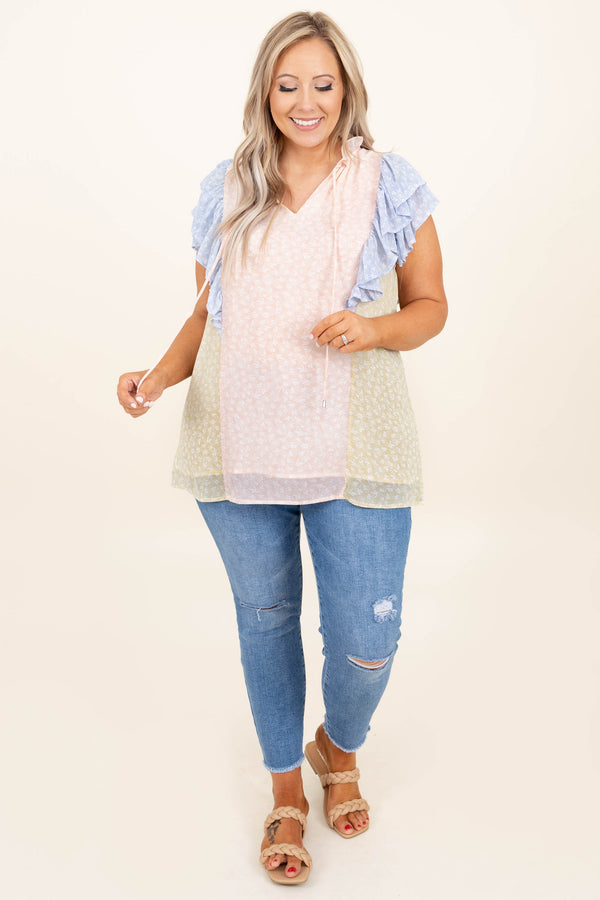 Chic Soul plus size clothing, peach blue ruffle sleeve top v neck 