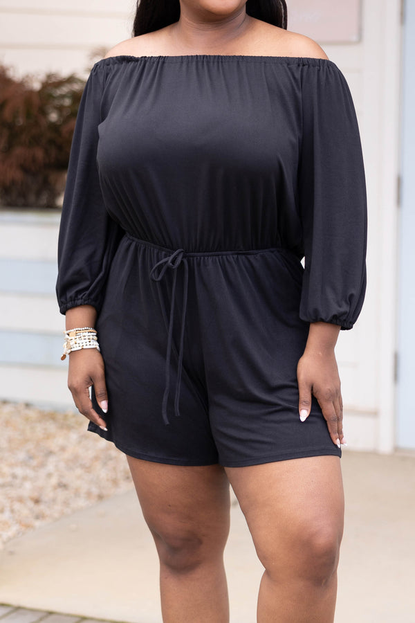 Chic Soul plus size clothing, black off the shoulder romper with bubble sleeves and cinched waist