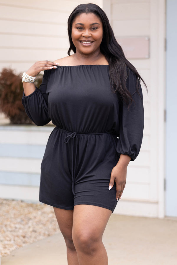 Chic Soul plus size clothing, black off the shoulder romper with bubble sleeves and cinched waist