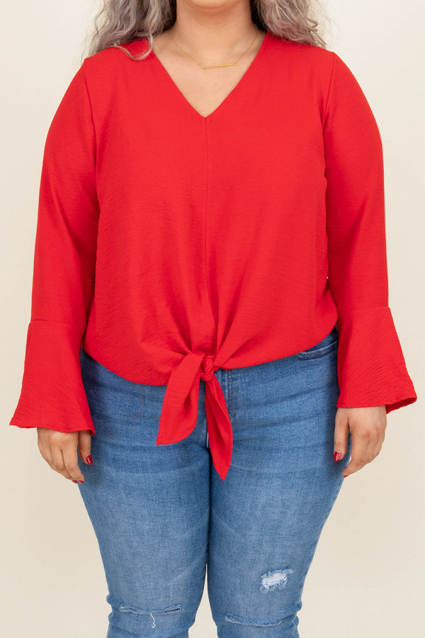Chic Soul plus size clothing, coral red v neck long bell sleeve tie front top