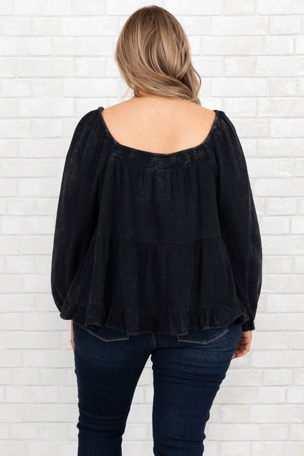 Chic Soul plus size clothing, black long sleeve top with square neckline