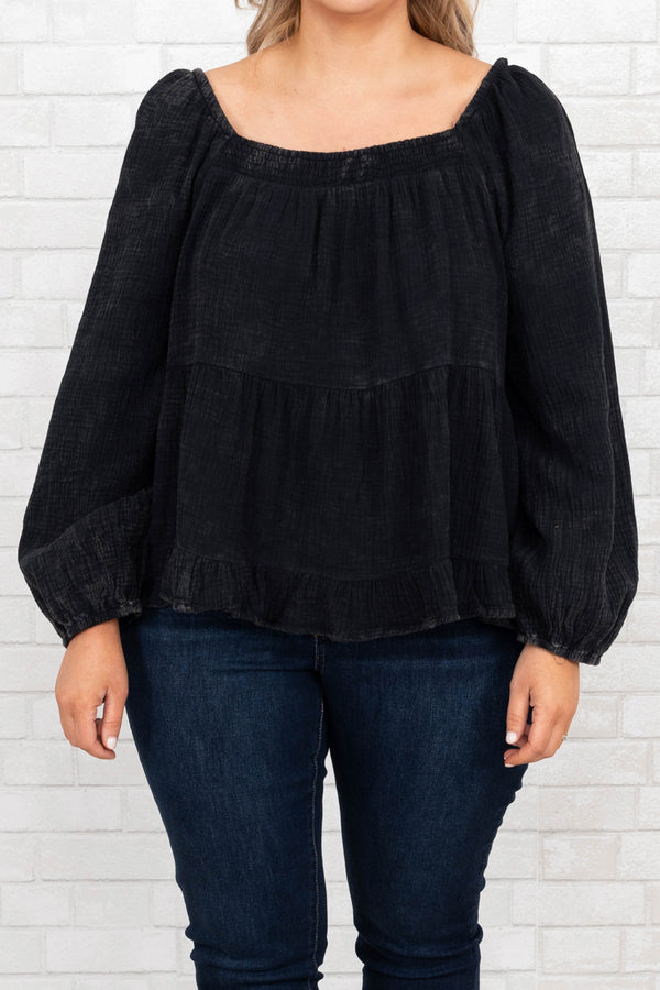 Chic Soul plus size clothing, black long sleeve top with square neckline